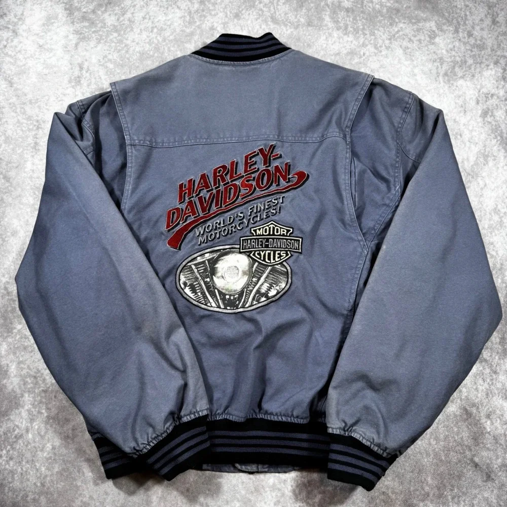 Harley Davidson Classic V-Twin Canvas Bomber Jacket Blue Gray Mens Large Vintage